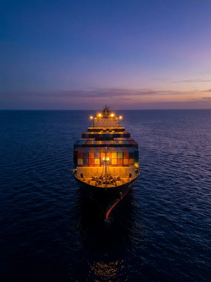 Container ship departing at dusk
