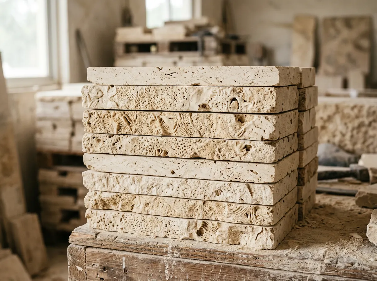 Stacked Dominican coral stone tiles